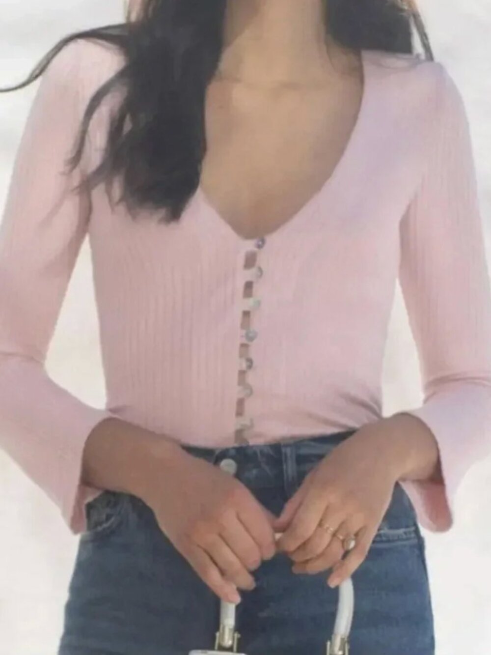 Reformation Womens Gellar Knit Top M Pink Ribbed Button Front Slim Fit Stretch